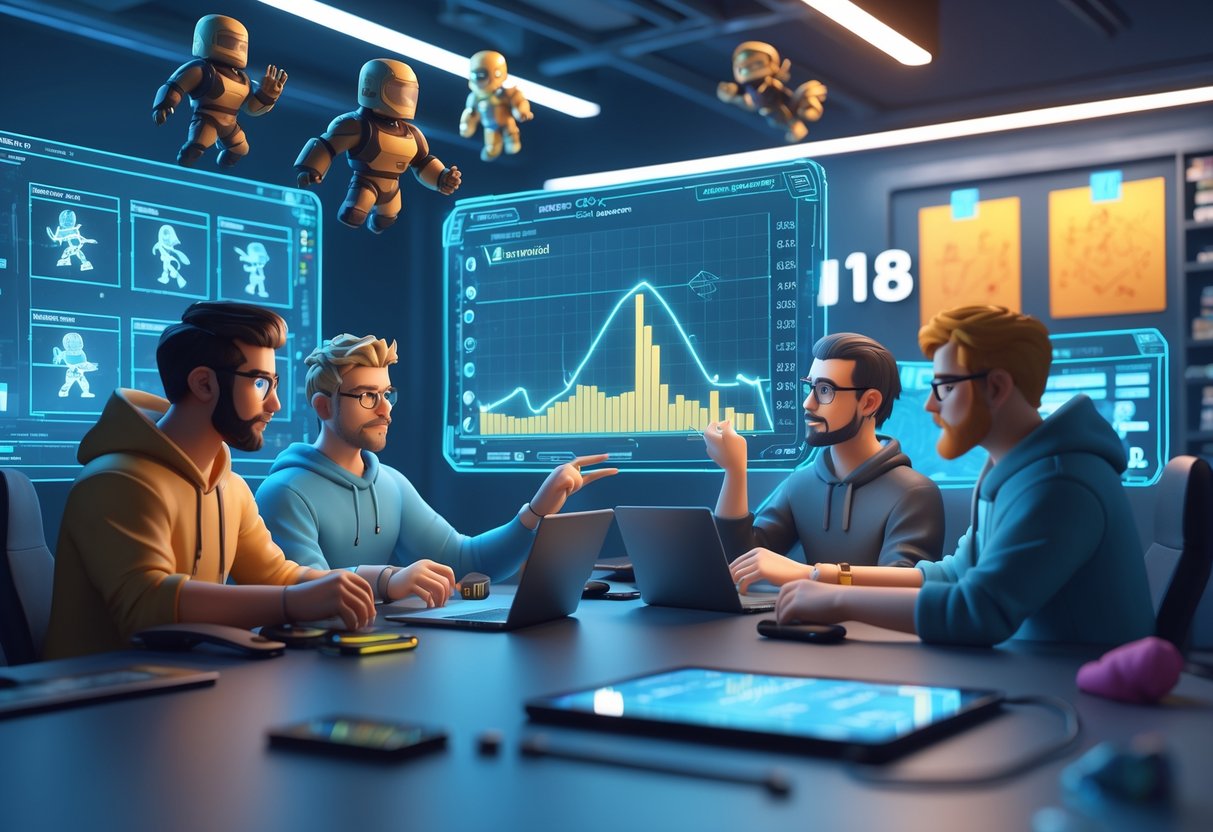 A group of game developers discussing character stats and balancing issues in a futuristic studio filled with holographic screens and 3D models.
