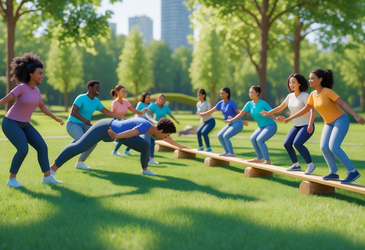 A group of people outdoors taking part in trust-building activities, including a trust fall and a ropes course, supporting and encouraging each other.