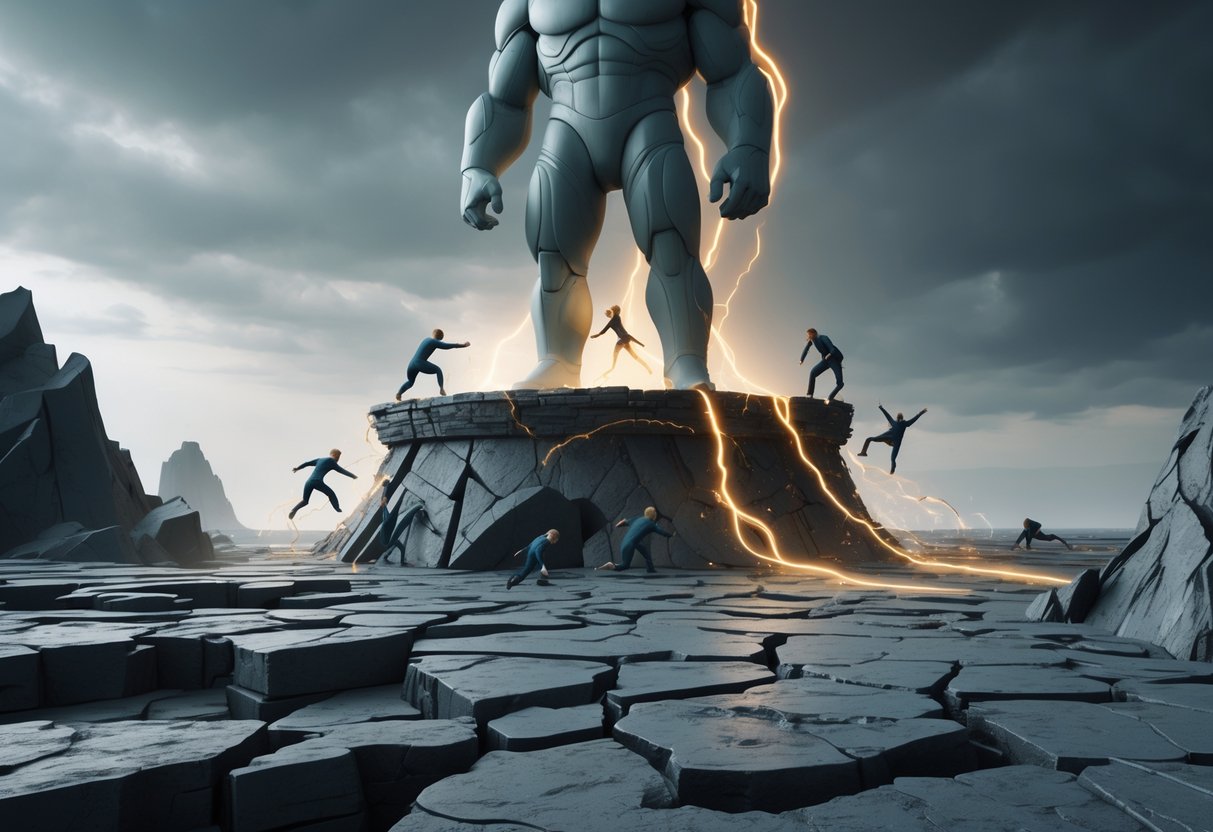 A large towering figure stands on a cracked pedestal above smaller struggling figures in a fractured landscape, illustrating an imbalance of power.