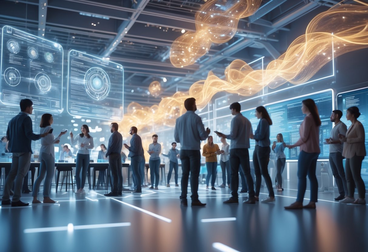 A vibrant community centre where people are collaborating with floating holograms and digital screens, showing teamwork and innovation.
