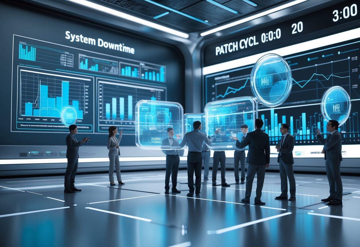A control room with engineers analysing holographic screens showing system downtime data during patch cycles.
