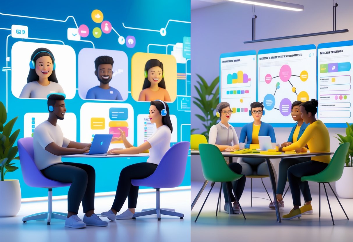 A group of people collaborating in a hybrid work setting, with some interacting remotely via video calls and others working together in an office space.