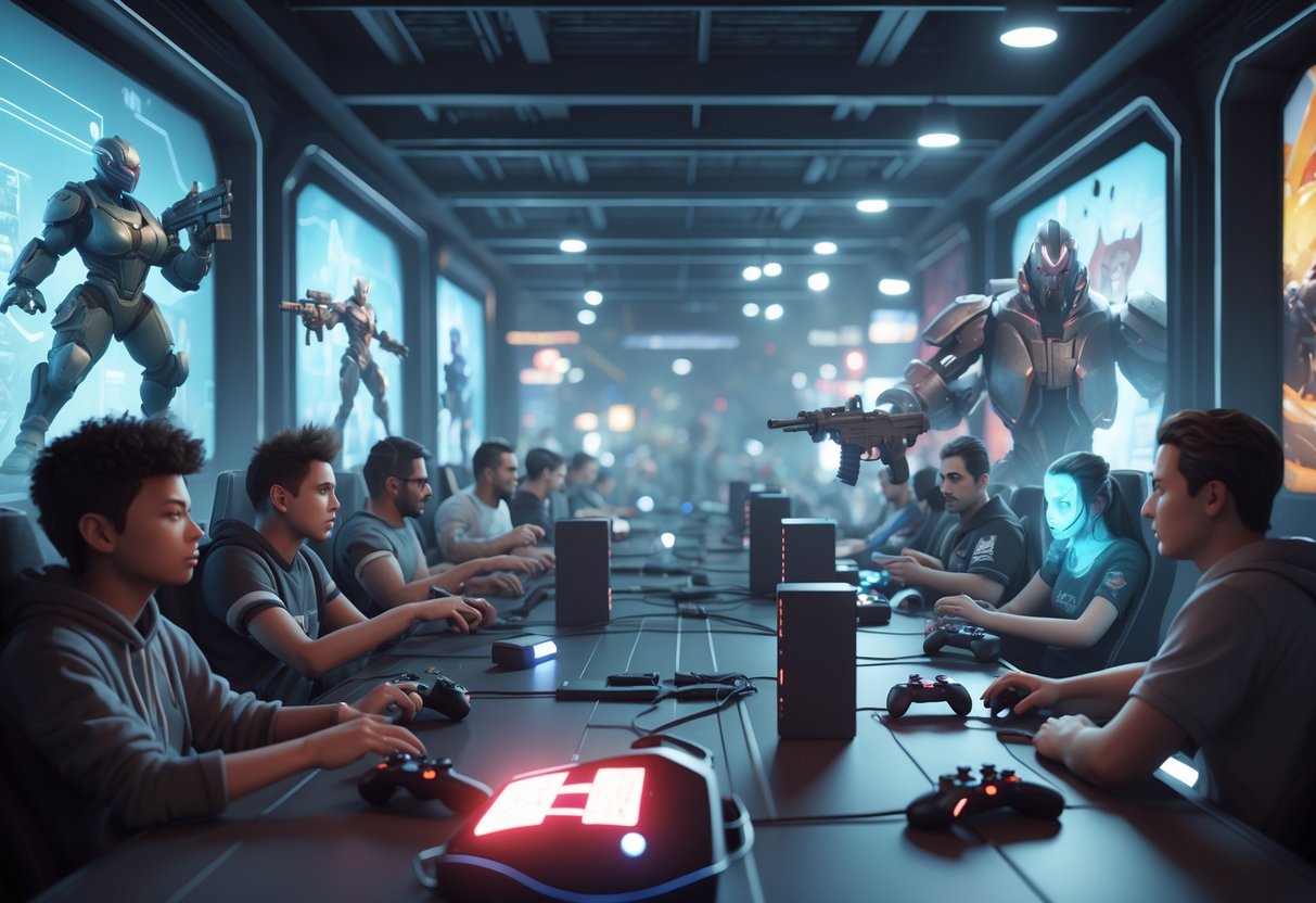 A futuristic gaming arena with diverse players showing mixed emotions, surrounded by holographic displays of evolving game characters and weapons.