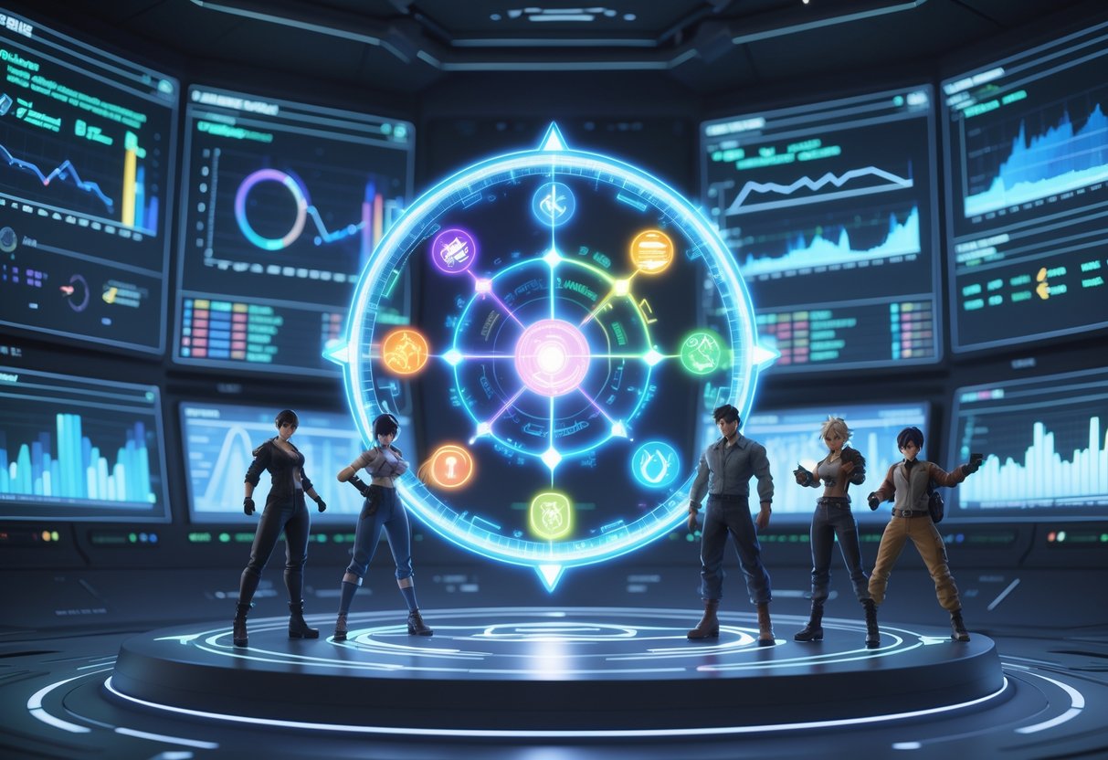 A futuristic digital control room showing holographic screens and a glowing circular interface surrounded by fantasy characters, representing game update cycles.