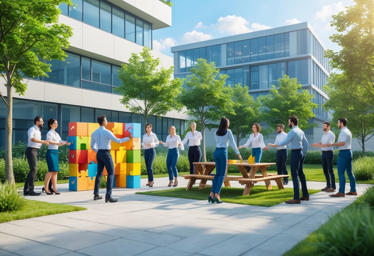 A group of colleagues participating in team building activities outdoors near an office, working together and interacting positively.