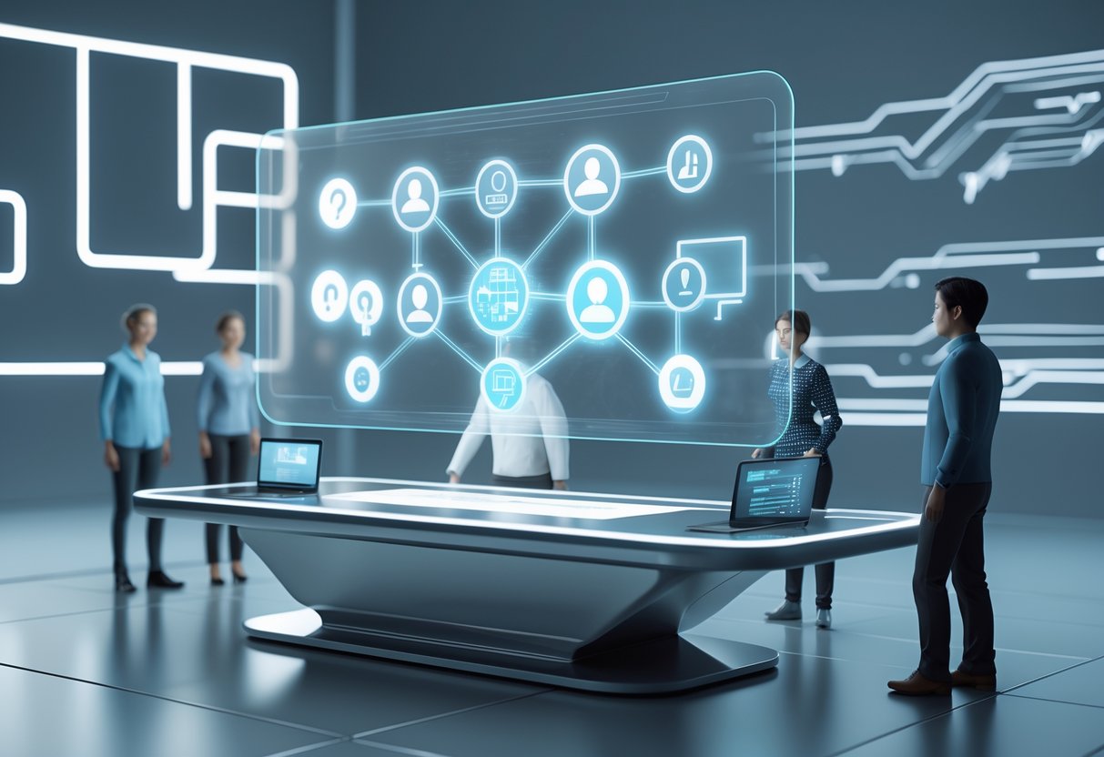 A futuristic scene showing a holographic display with glowing icons and digital avatars around a table, representing questions and concerns about power imbalance.