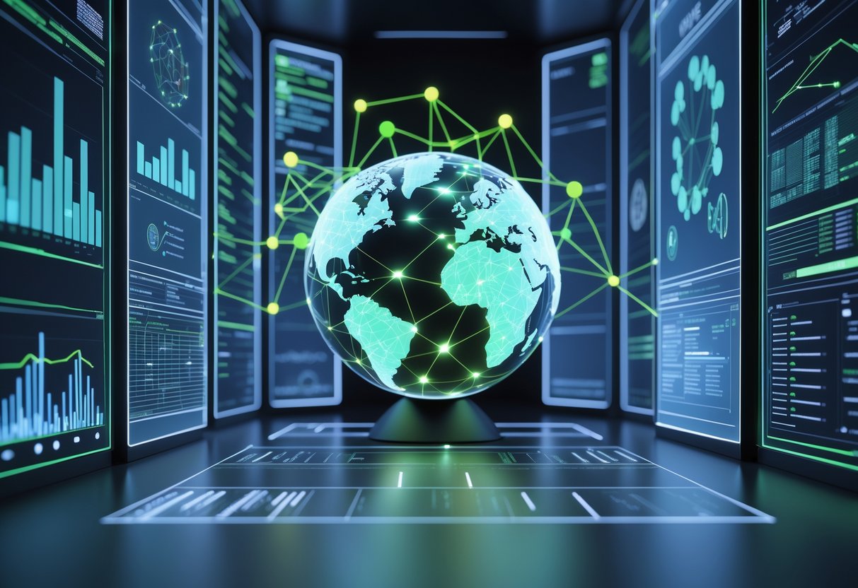 A futuristic control room with holographic screens showing data charts and a digital globe illustrating the impact of software updates on products and services.