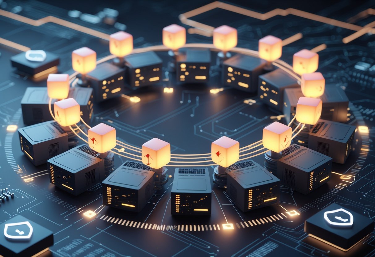 A 3D scene showing interconnected servers and data nodes arranged in a circular pattern with glowing connections, some nodes highlighted to indicate security risks, surrounded by floating shield and padlock icons.
