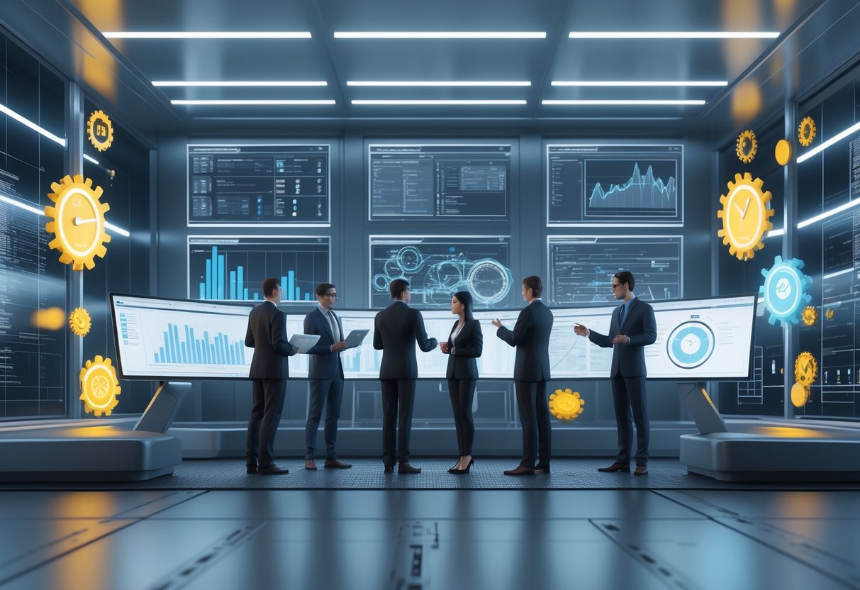A team of professionals working together in a futuristic control room with digital screens and holographic interfaces showing system data and progress indicators.
