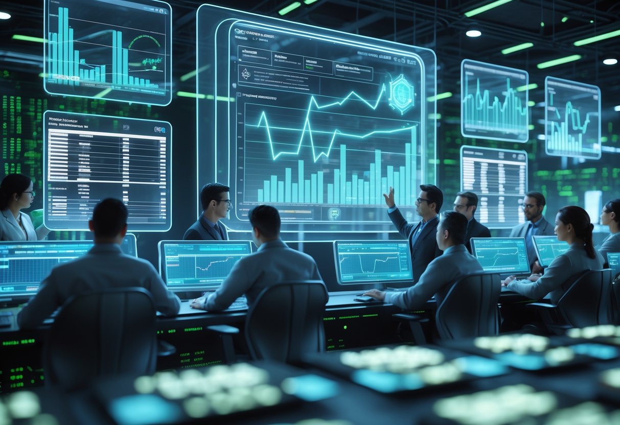A team of engineers monitoring digital screens and holograms in a control room, analysing system data and resolving issues after a software update.
