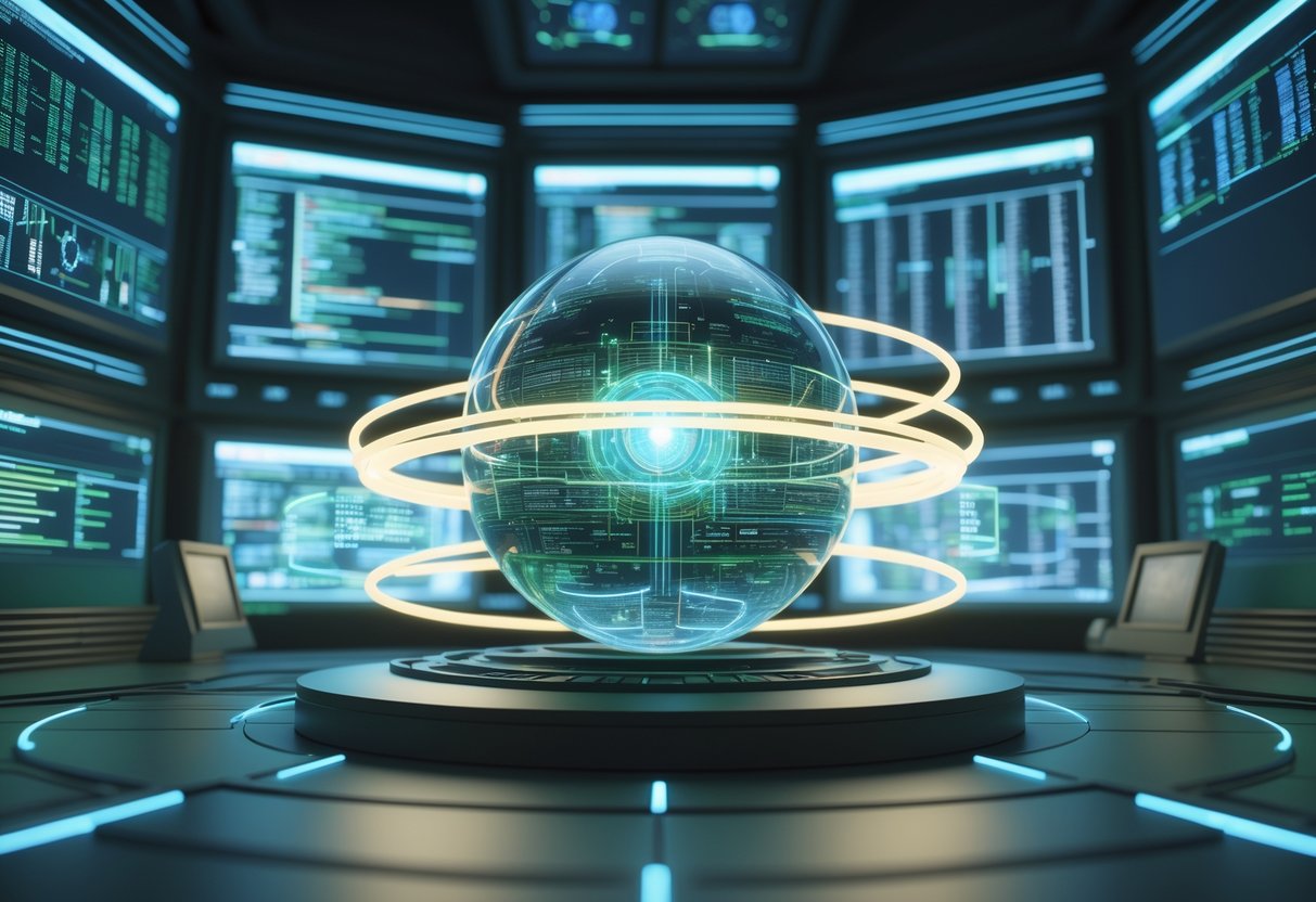 A futuristic control room showing a transparent globe surrounded by glowing rings and waves representing the ongoing impact of software patch cycles on a digital system.