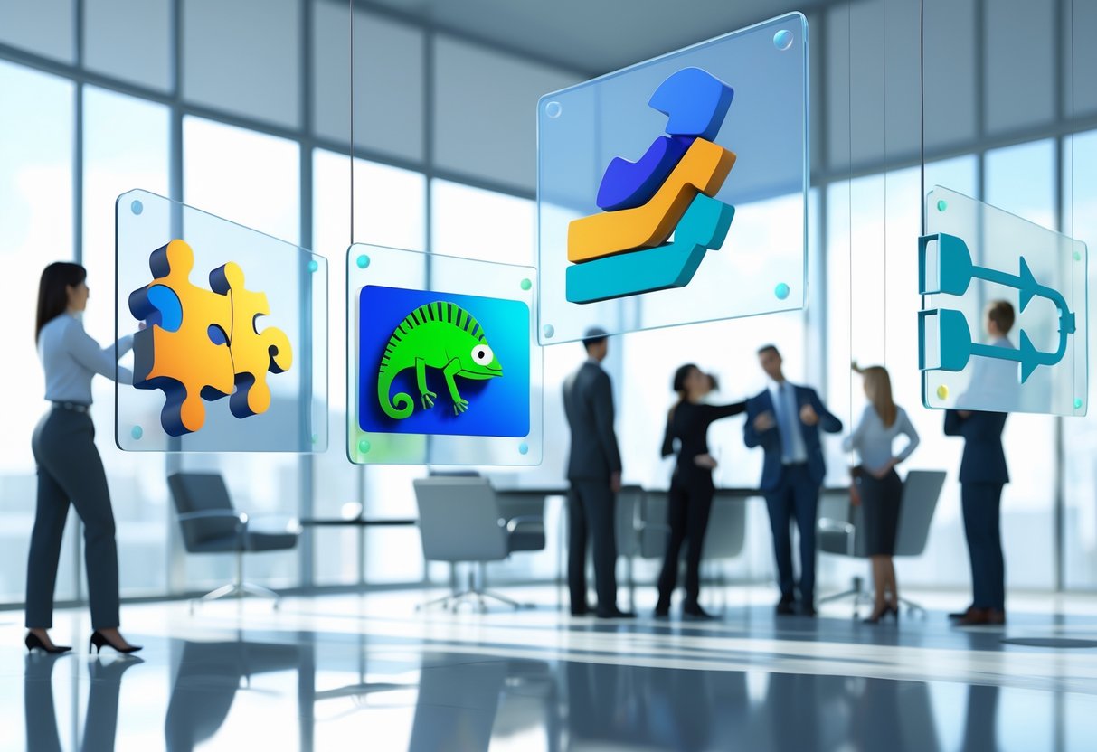 A modern office scene with floating digital screens showing abstract symbols of copying strategies, including puzzle pieces, a chameleon, and a flowchart, with people discussing around a conference table.