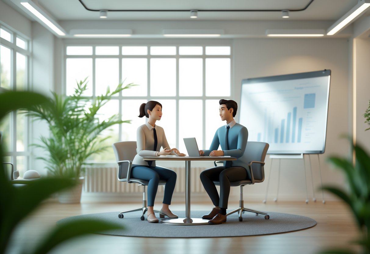 Two colleagues sitting across from each other at a round table in a bright office, engaged in a calm and respectful conversation.
