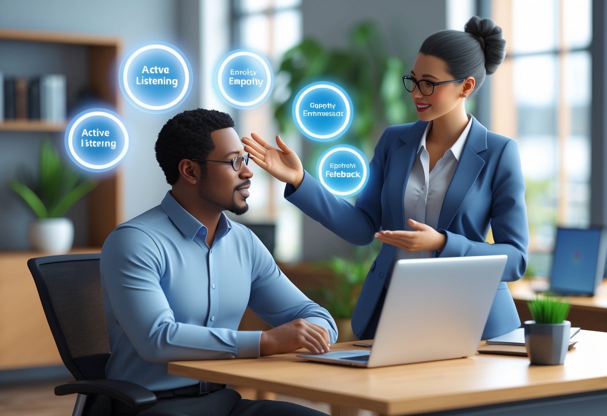 Two colleagues in an office having a thoughtful conversation about feedback, with one sitting at a desk and the other standing and speaking.