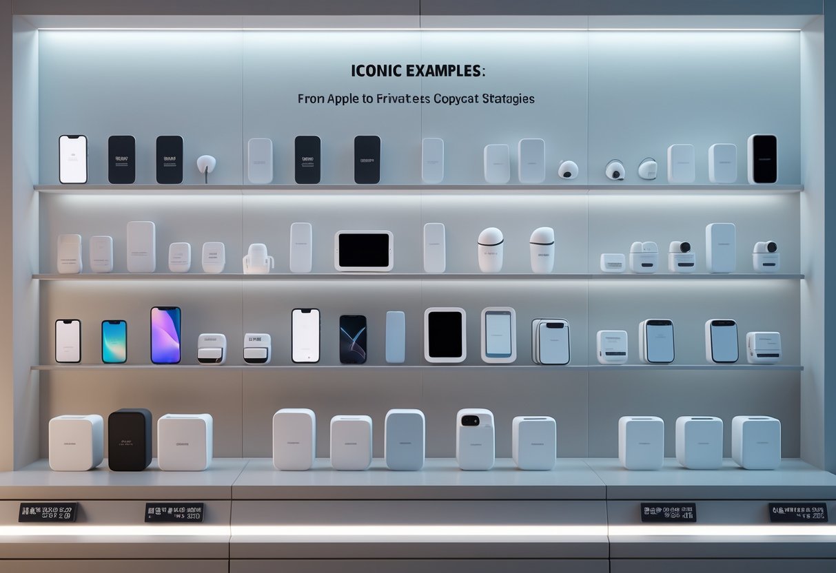 A 3D scene showing a retail shelf with original high-tech gadgets alongside similar-looking copycat products in a modern store environment.
