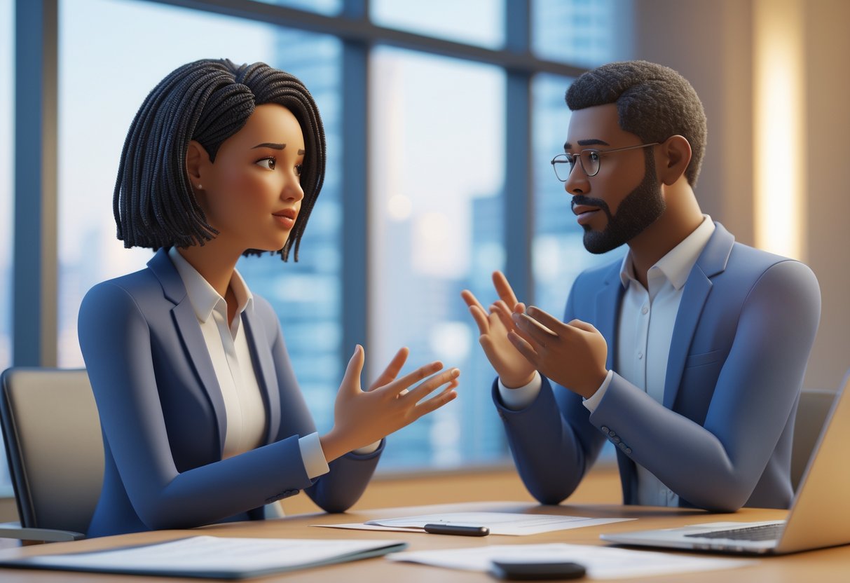 Two professionals having a serious and respectful conversation in an office, one speaking calmly while the other listens attentively.