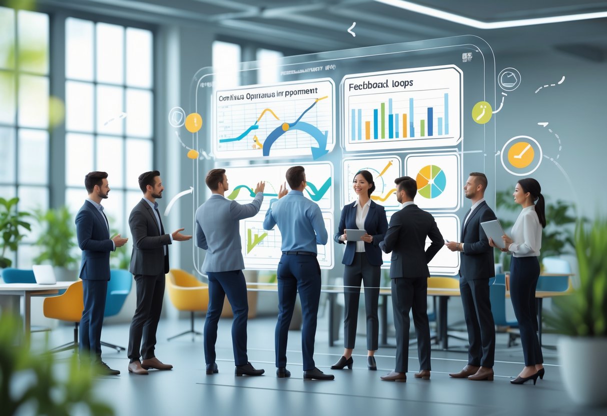 A group of people in an office collaborating around a digital screen showing charts and diagrams representing continuous feedback and improvement.