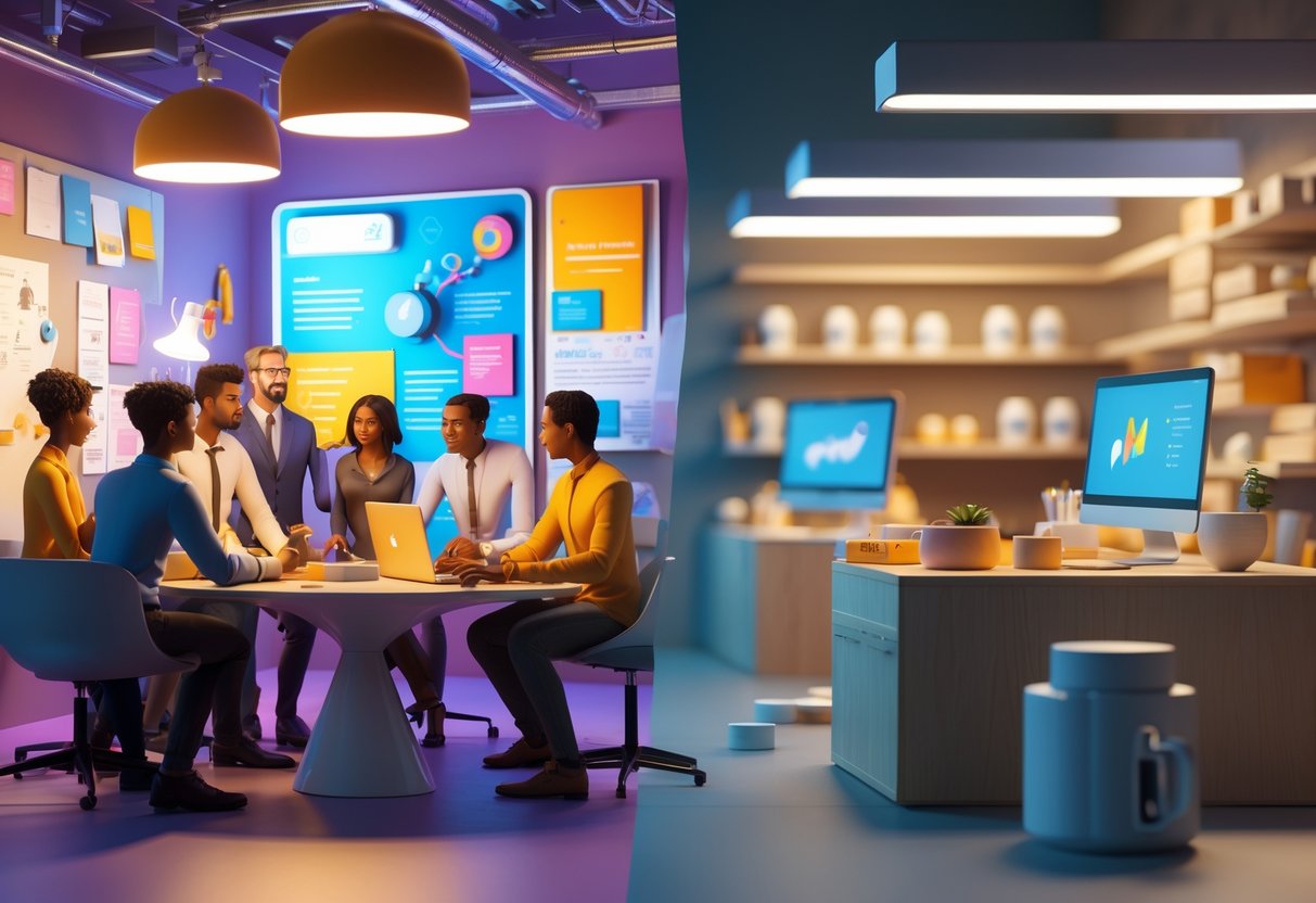 A split scene showing a lively team working on original products on one side and a dull workspace with mass-produced items on the other, highlighting genuine versus copycat brand approaches.