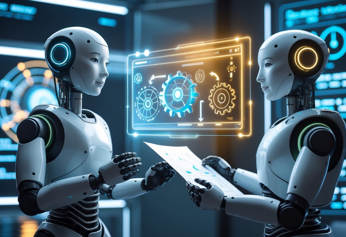 Two robots in a laboratory, one holding a blueprint and the other assembling a device, with a glowing holographic interface showing gears and arrows between them.