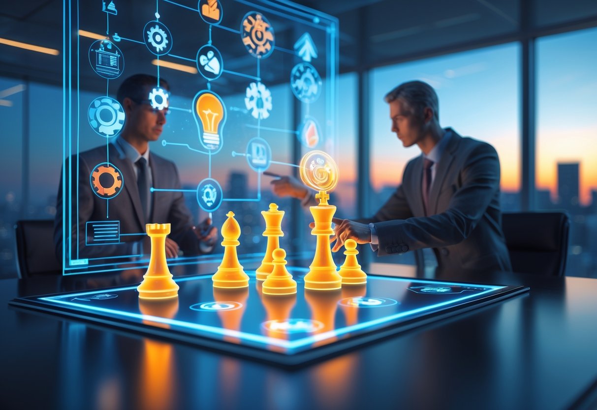 Two business figures interacting with floating digital icons of chess pieces and gears in a modern office with city skyline at dusk.