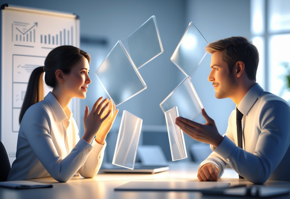 Two colleagues in an office having a calm and positive conversation with visual symbols of barriers breaking between them.