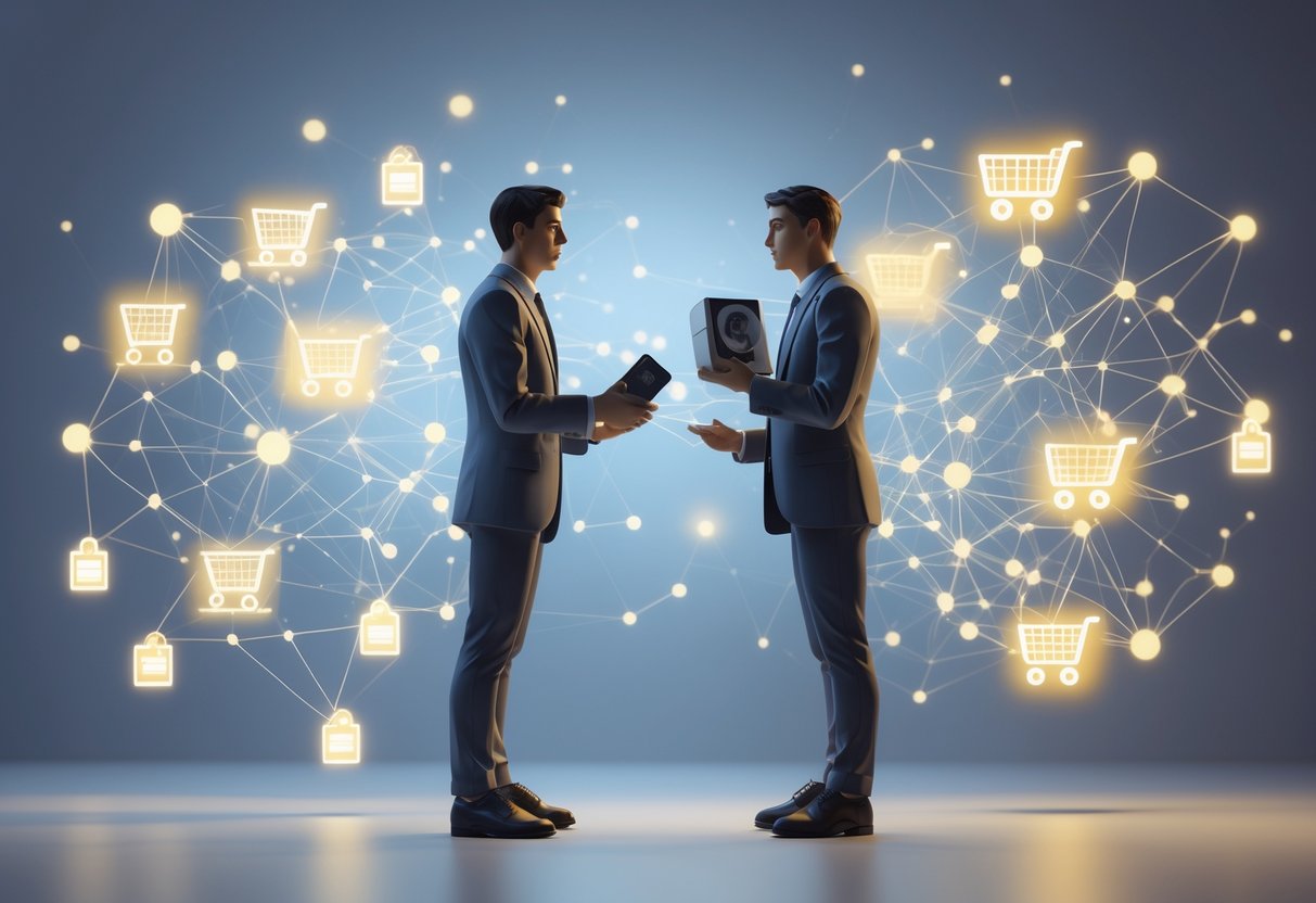 Two human figures facing each other with one holding a product and the other mimicking, surrounded by icons representing shopping and decision-making in a network-like background.
