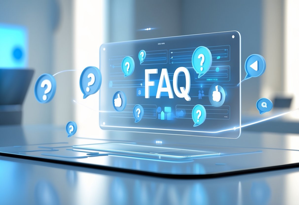 A futuristic digital interface with floating question and feedback icons above a sleek desk in a modern setting.