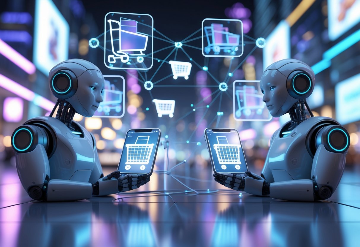 Two humanoid robots holding glowing digital tablets with similar shopping icons, standing in a futuristic city with floating screens showing mirrored products.