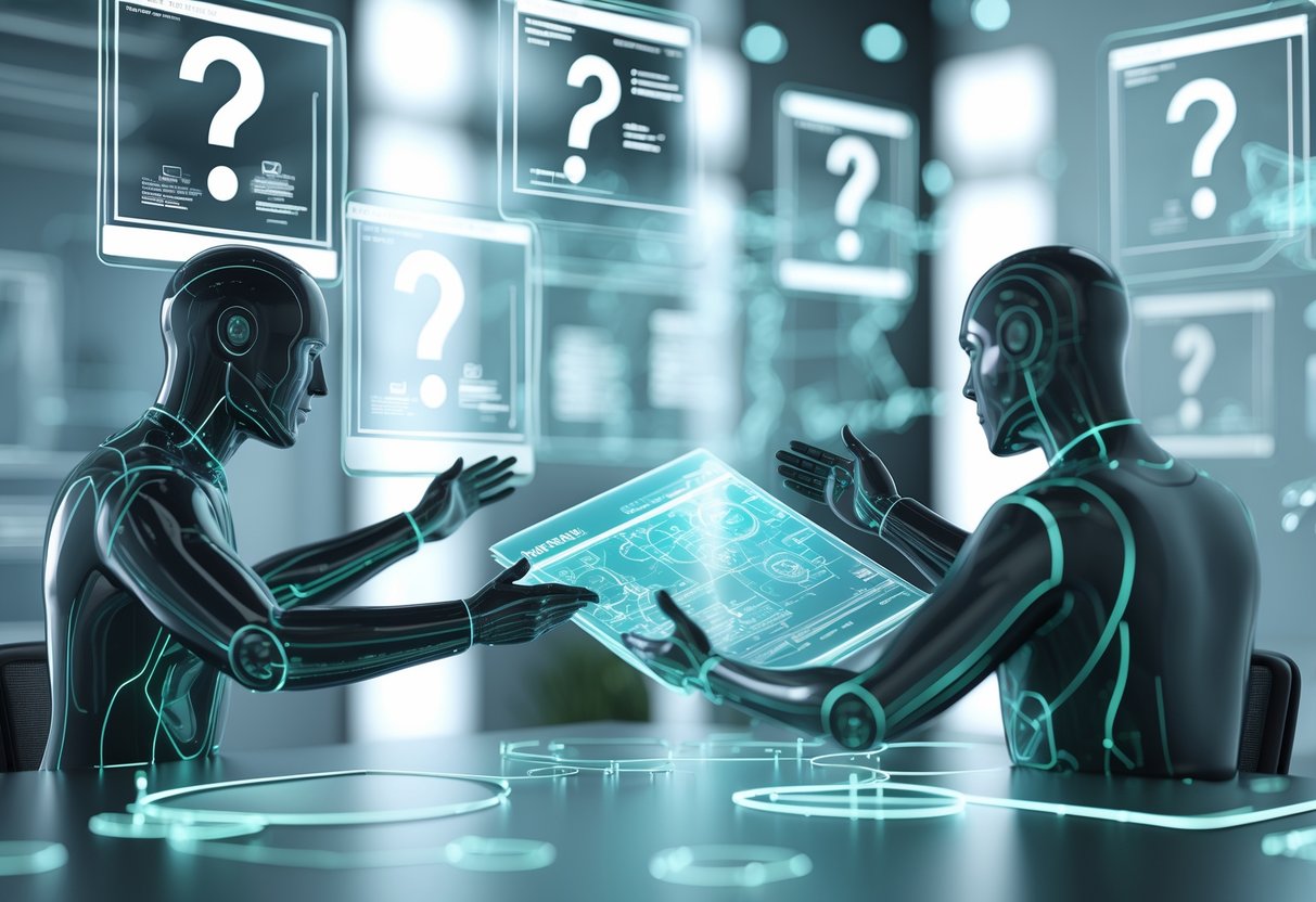 Two translucent humanoid figures exchanging a glowing holographic document surrounded by floating digital screens and interconnected glowing nodes in a modern office setting.