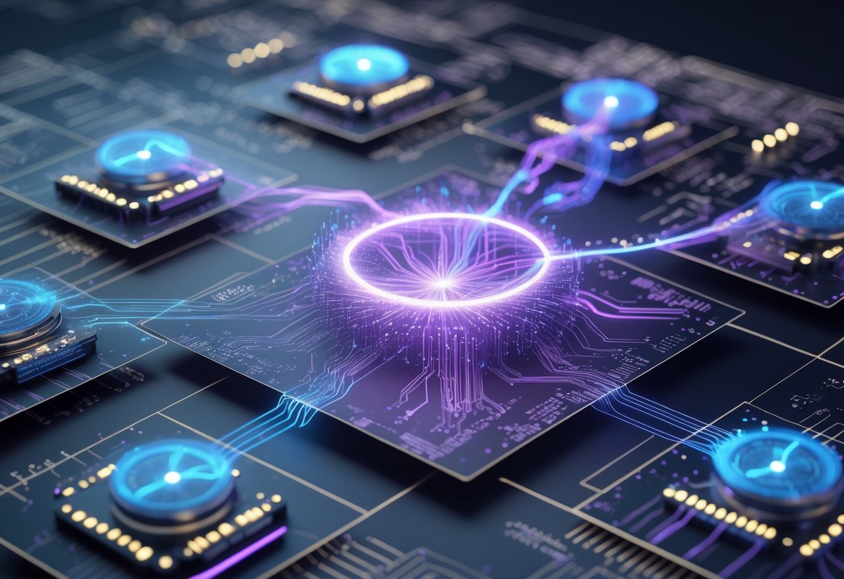 A 3D scene showing interconnected digital clock circuits with glowing oscillating rings and light pathways, centred around a fluctuating node symbolising unstable signal states.