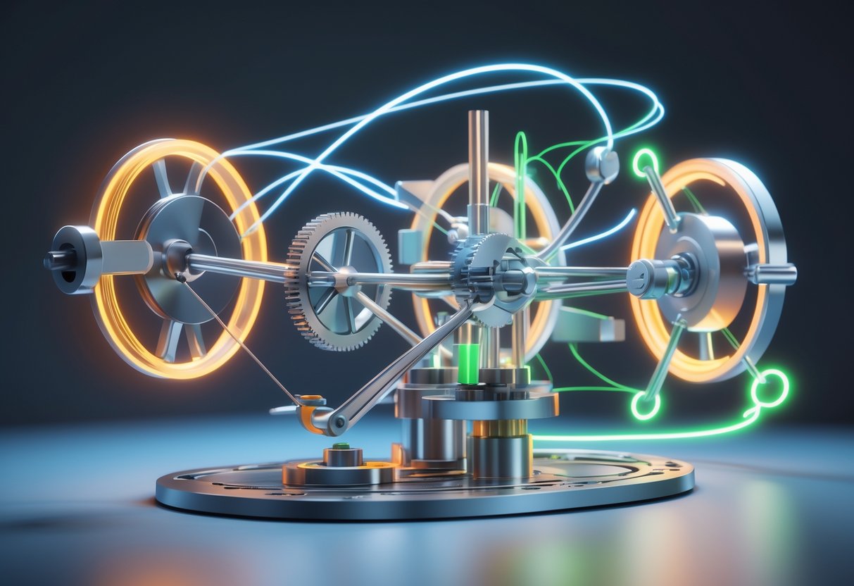 A 3D rendering of an abstract mechanical system with interconnected gears and levers showing balance and controlled motion to represent stability.