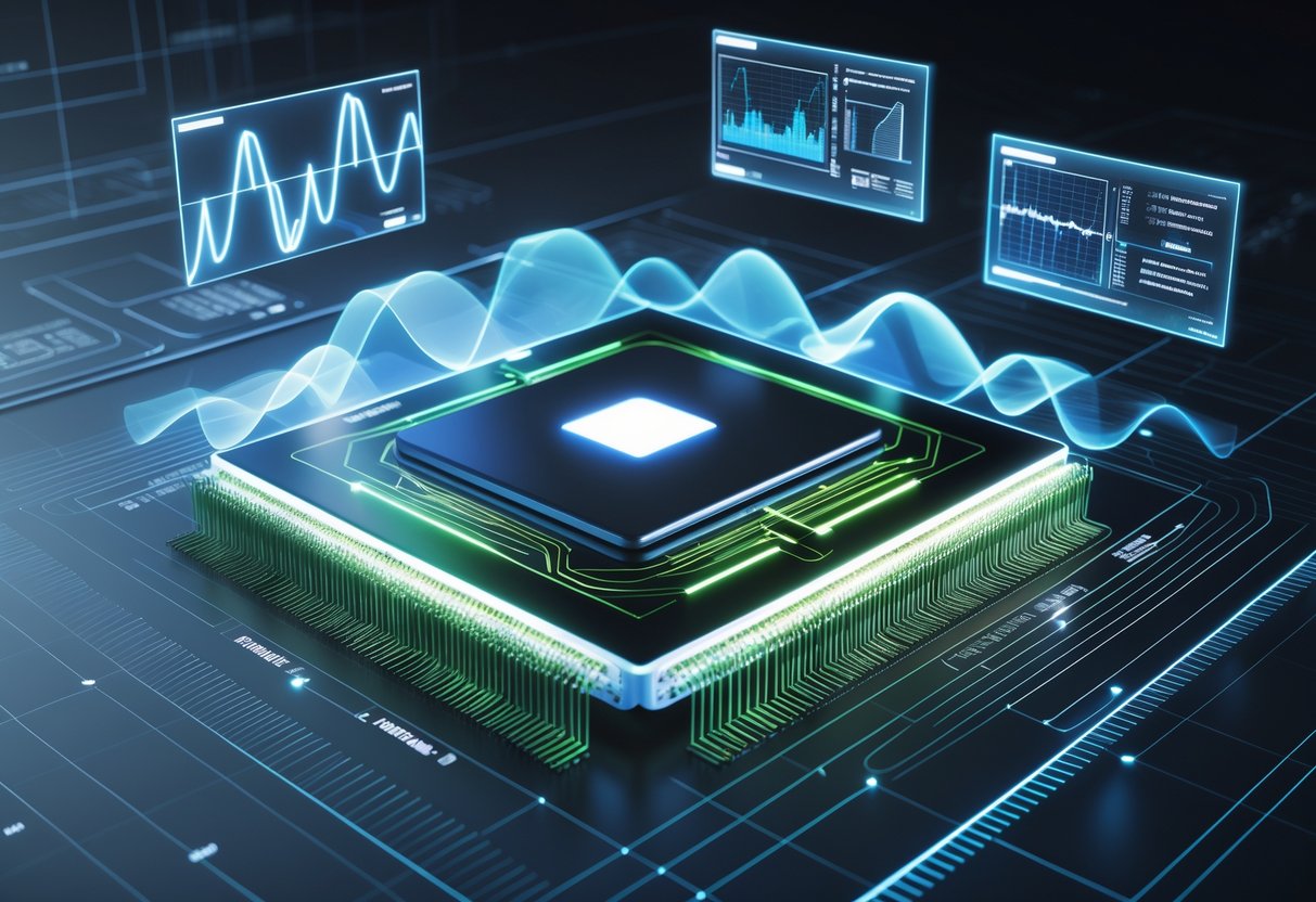A 3D rendered scene showing a central FPGA chip surrounded by glowing circuit paths and floating holographic data panels displaying graphs and waveforms in a dark technological setting.