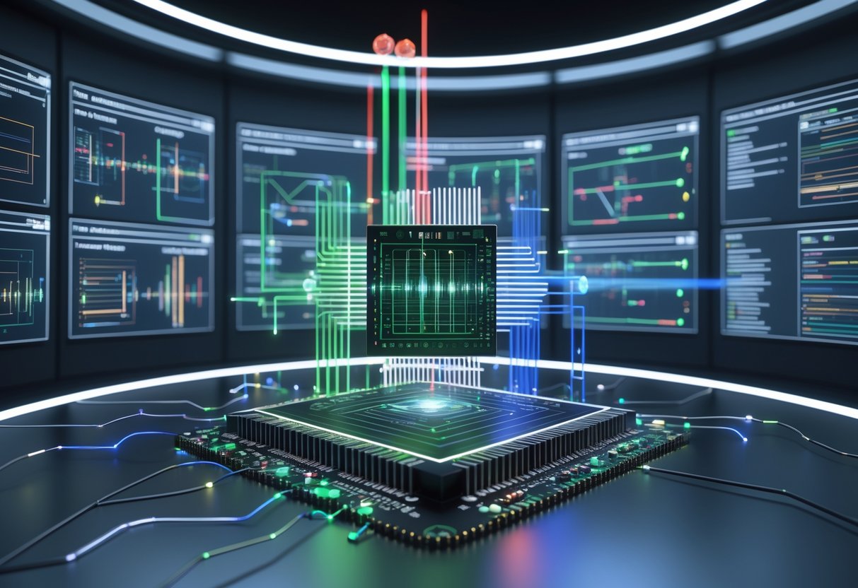 A futuristic control room with holographic screens showing digital circuits and data flows around a glowing central chip, illustrating system stability and verification processes.