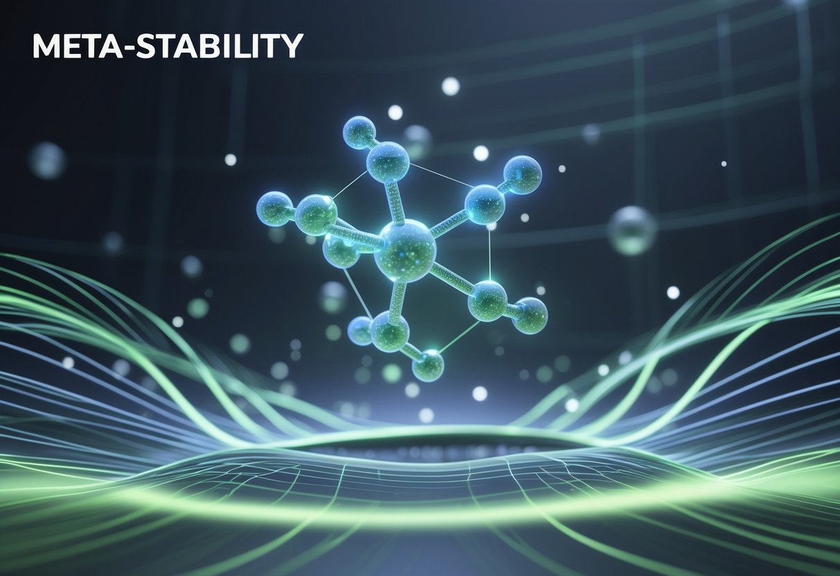 A 3D scene showing a glowing molecular structure surrounded by energy waves and particles, representing a delicate balance between stable and unstable states.