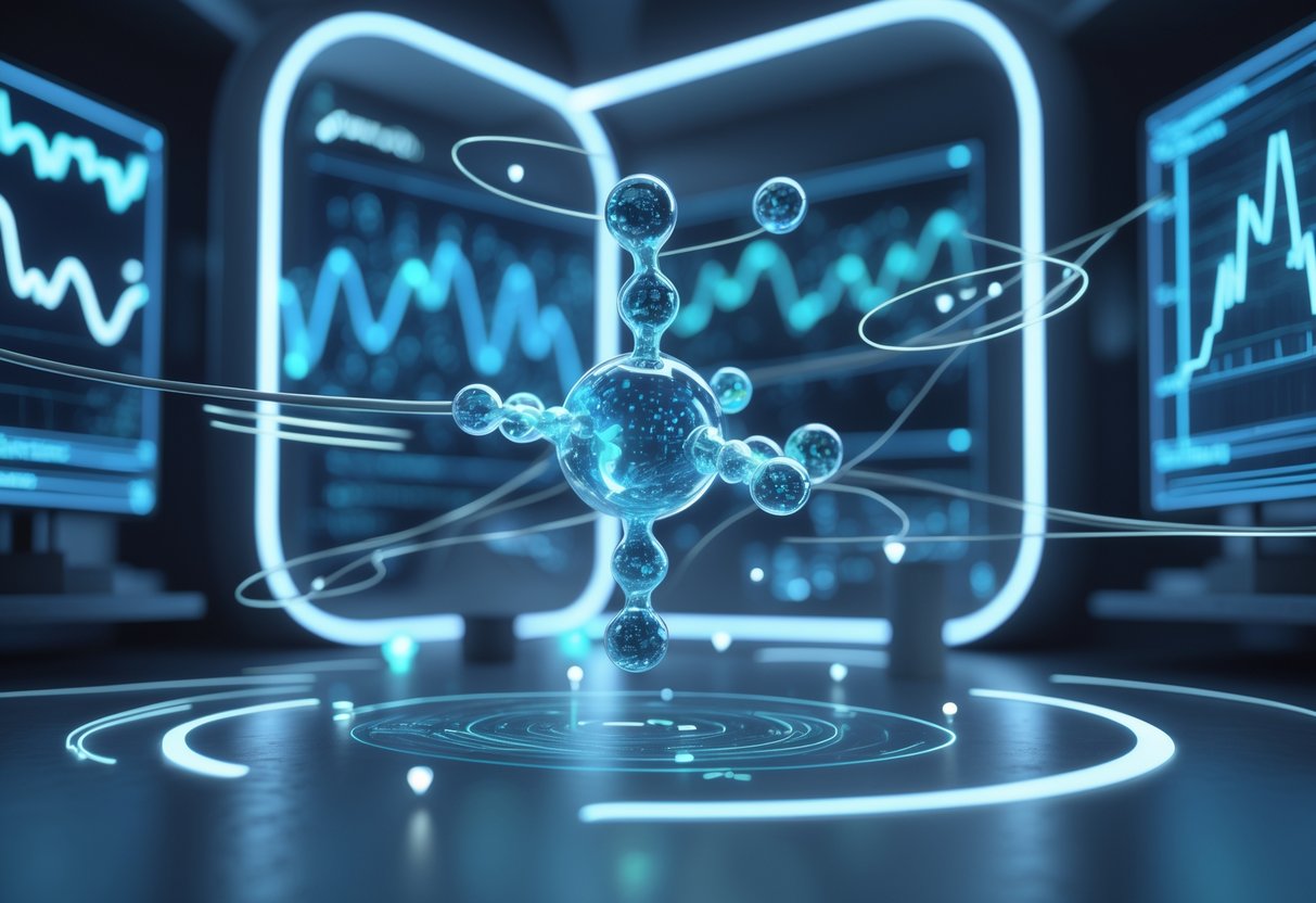 A futuristic laboratory scene showing a glowing molecular structure surrounded by flowing energy waves and interconnected data points, with holographic screens displaying abstract graphs in the background.