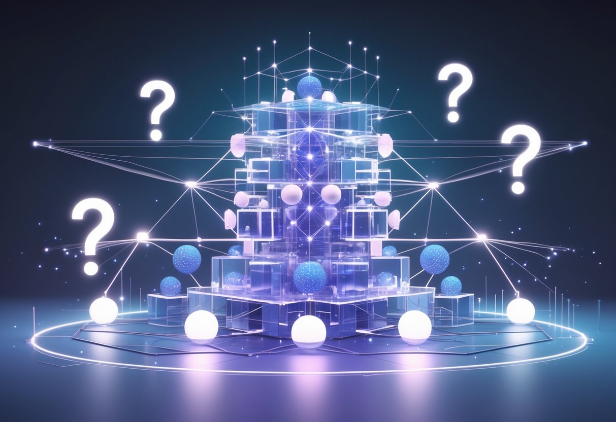A 3D abstract structure of interconnected glowing geometric shapes with floating question marks around it, set against a dark background.