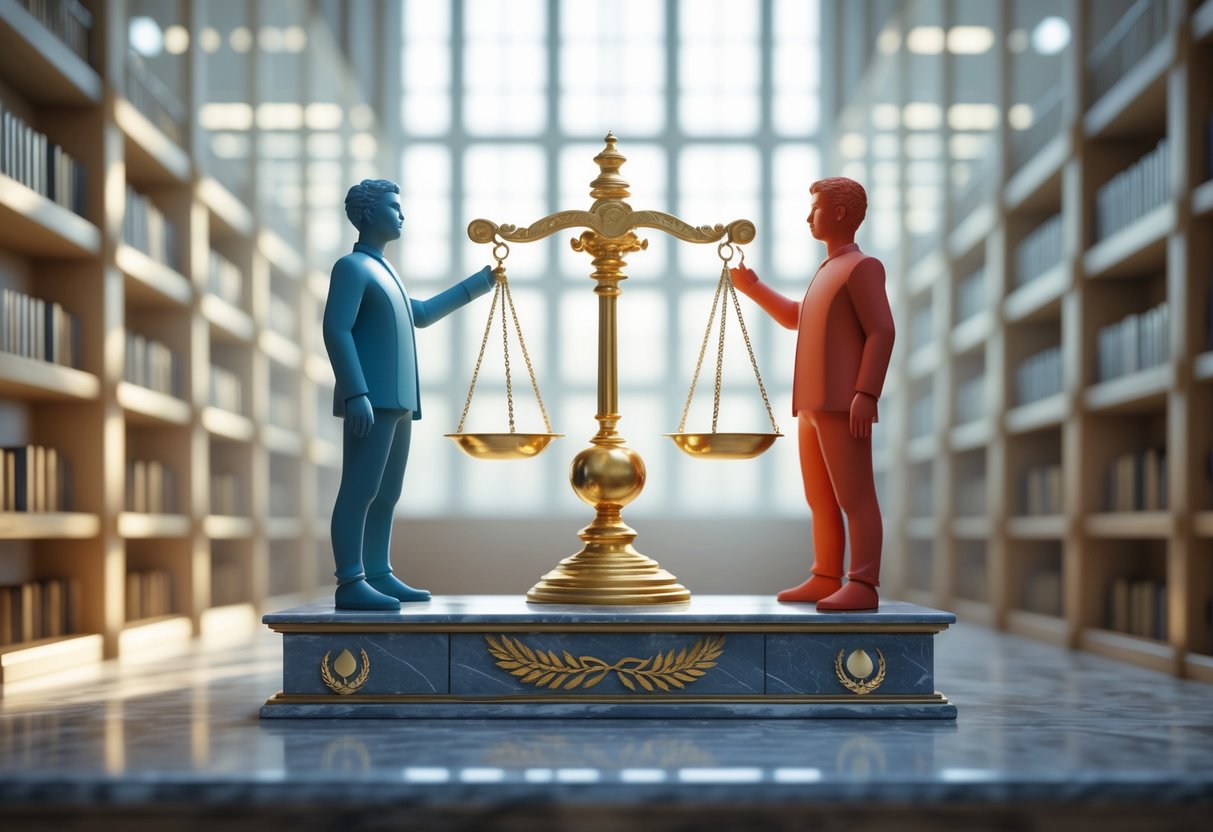 A balanced golden scale with two abstract human figures on each side representing different political ideas, set in a library with shelves of books and soft natural light.