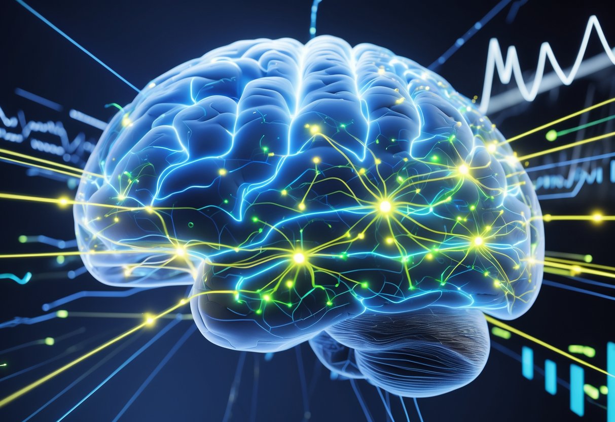 A 3D view of a human brain showing glowing neurons and fast-moving signals along neural connections representing adaptation speed.