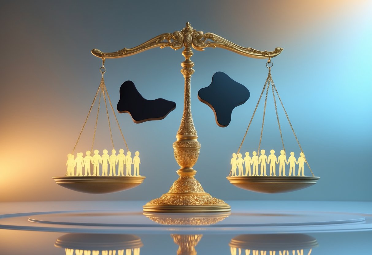 A large golden balance scale floating above a reflective surface, with glowing human figures on one side and dark abstract shapes on the other, balanced evenly against a soft blue and gold background.