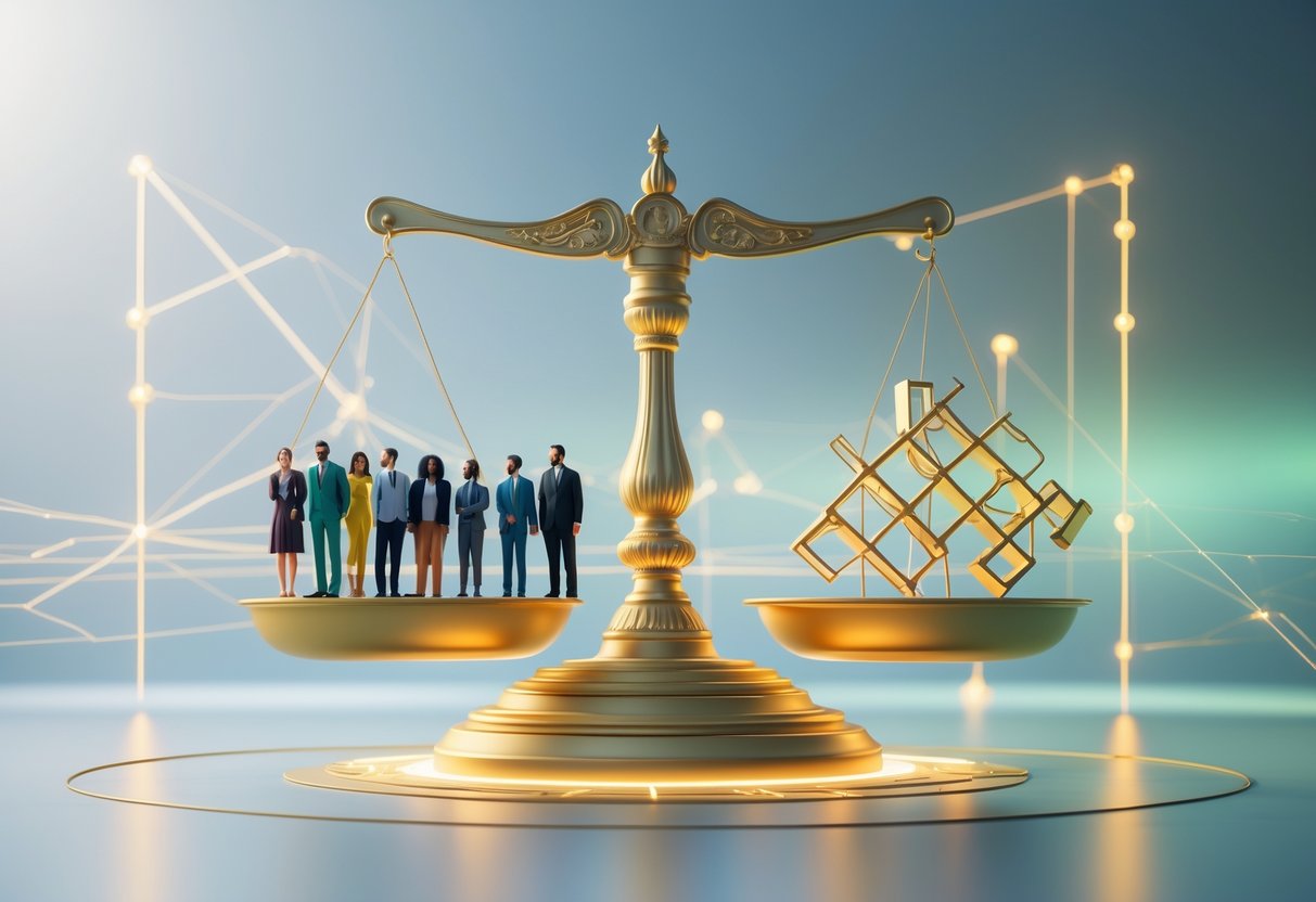 A balanced golden scale with diverse people on one side and abstract shapes on the other, set in a calm environment symbolising social harmony.