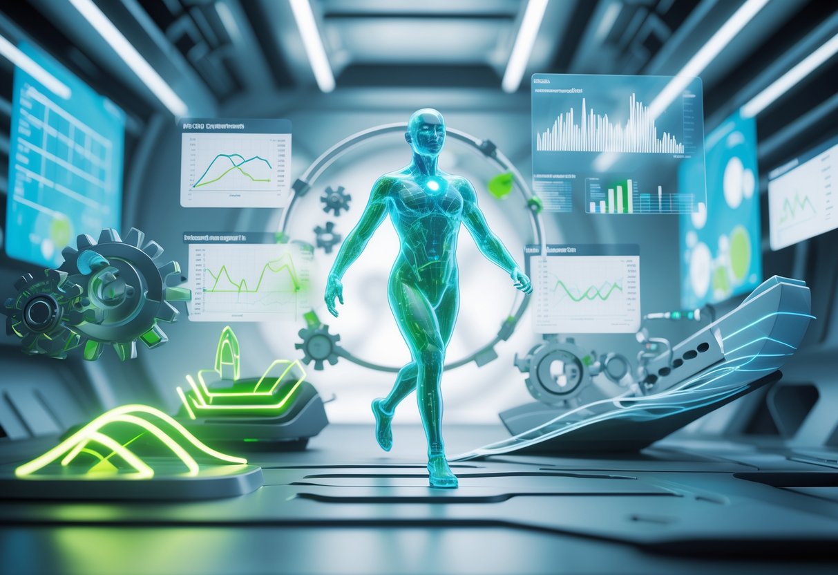 A glowing humanoid figure surrounded by floating panels and gears representing factors influencing the speed of adaptation in a futuristic digital environment.