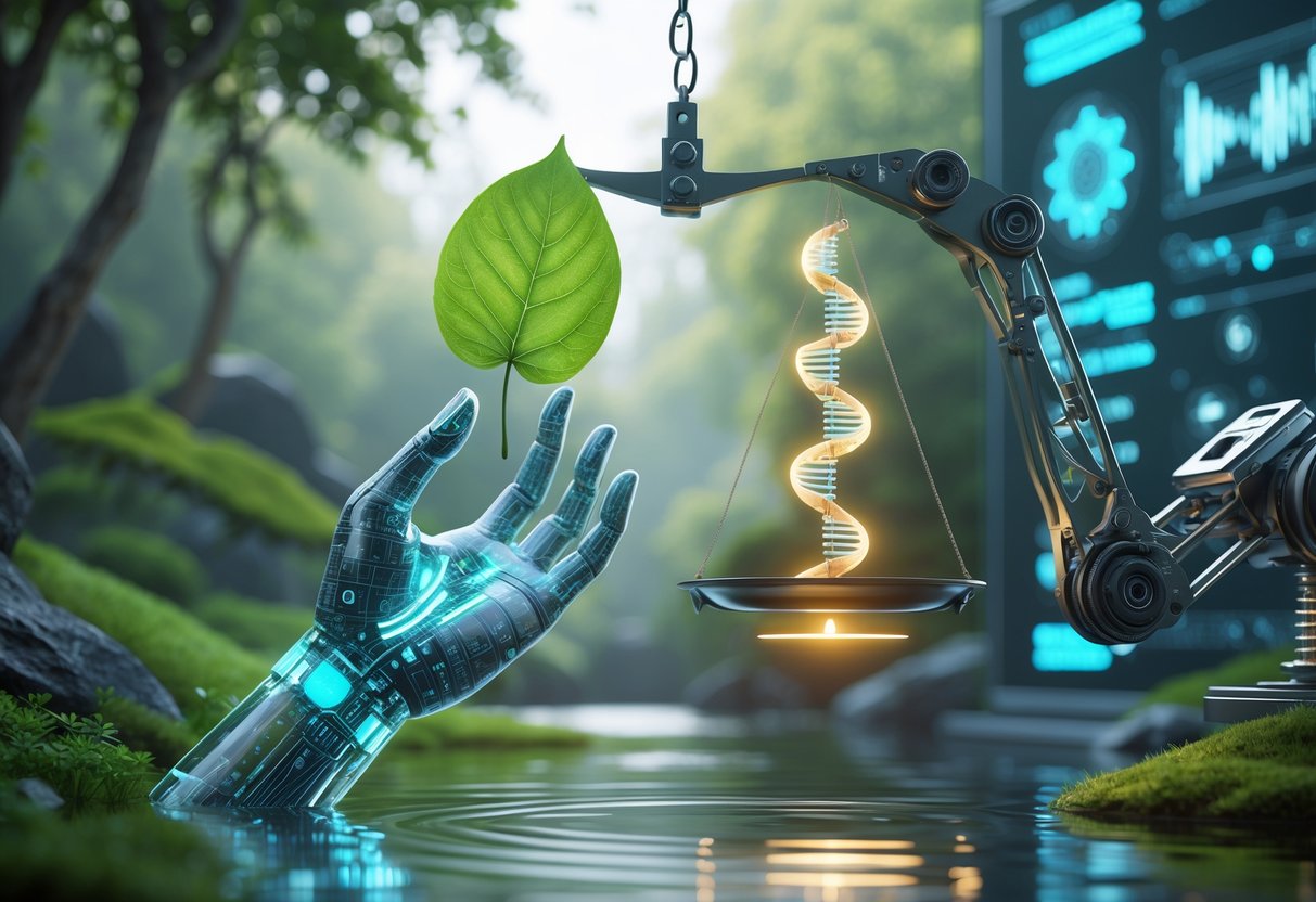 A balanced scene showing a glass hand holding a green leaf and a mechanical arm holding a glowing DNA strand, connected by a floating scale with a natural landscape merging into a high-tech laboratory in the background.