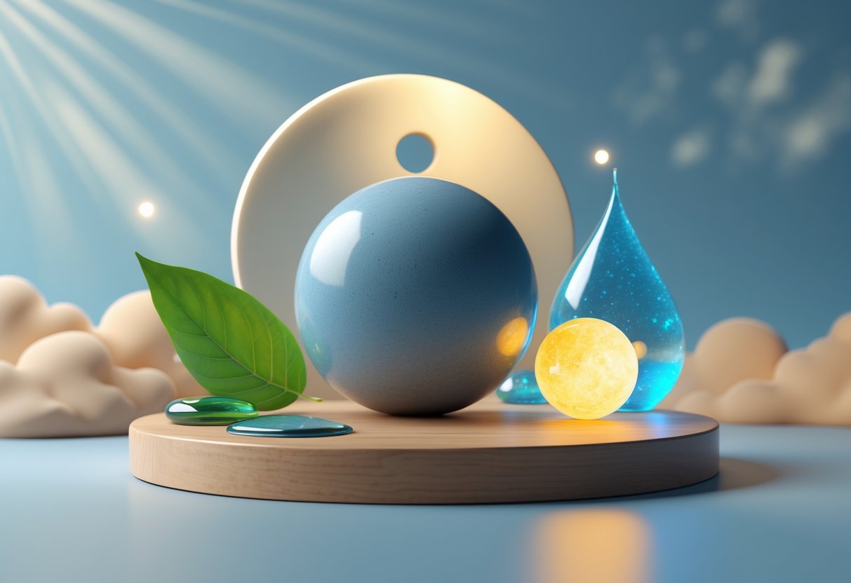 A balanced stone sphere resting on a wooden platform with natural elements like a green leaf, water droplet, and glowing light orb around it, symbolising health and wellbeing.