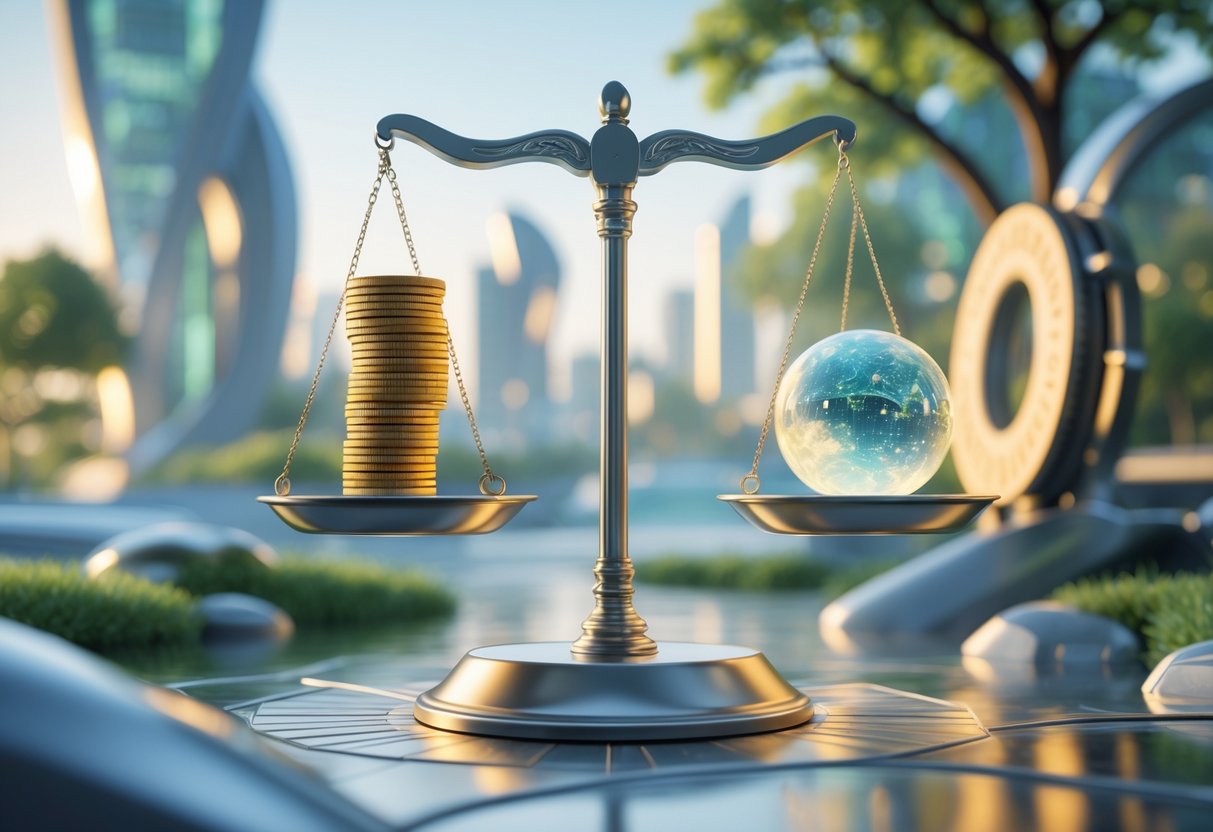 A balanced scale with coins on one side and a glowing orb on the other, set against a cityscape blending nature and modern buildings.
