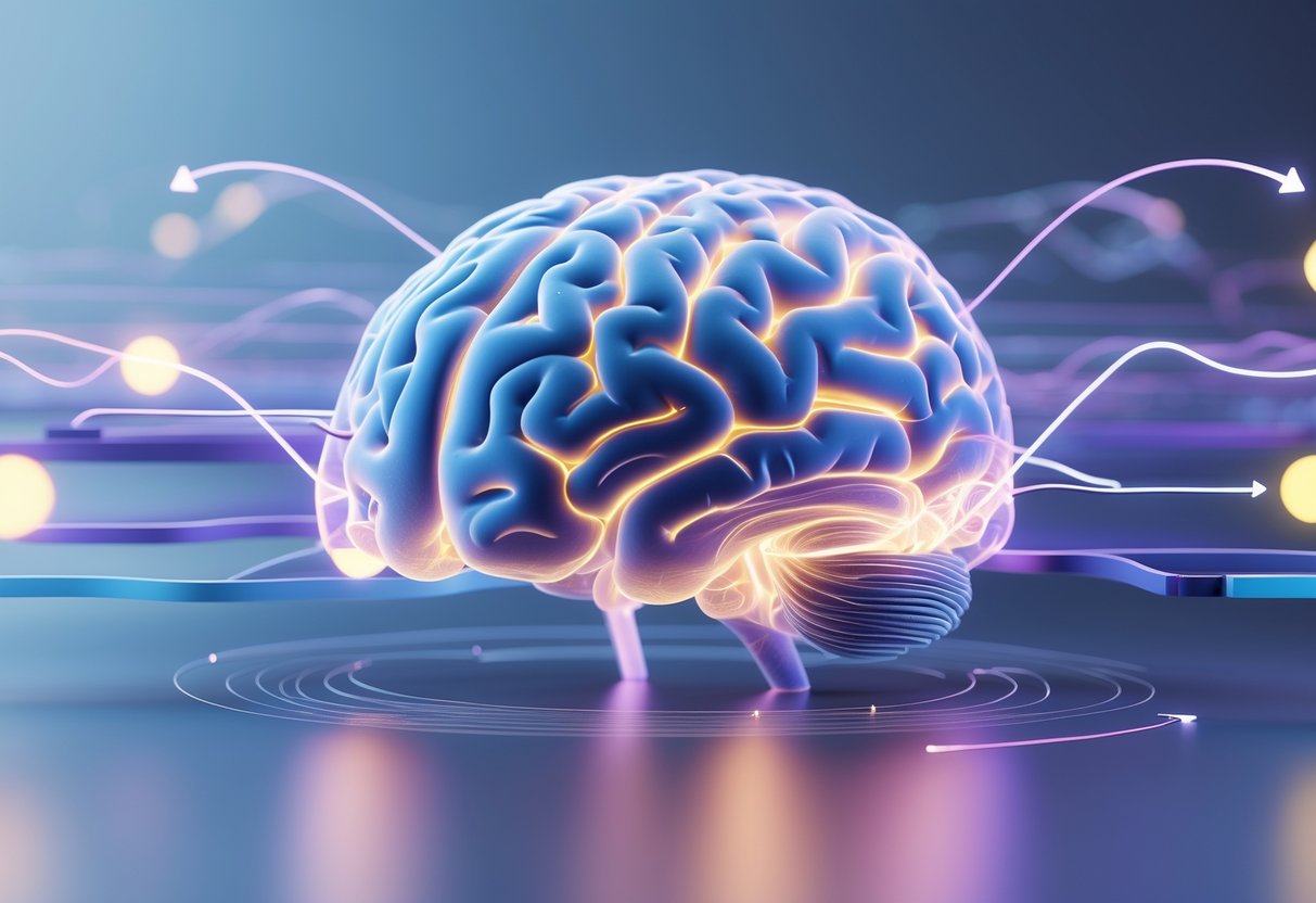 A 3D rendering of a human brain with glowing neural pathways and flowing wave patterns representing fast sensory adaptation.