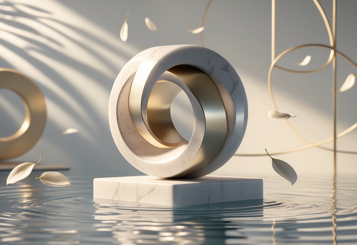A balanced sculpture of interlocking geometric shapes resting on a pedestal over calm water with floating petals, surrounded by soft light and abstract shapes.