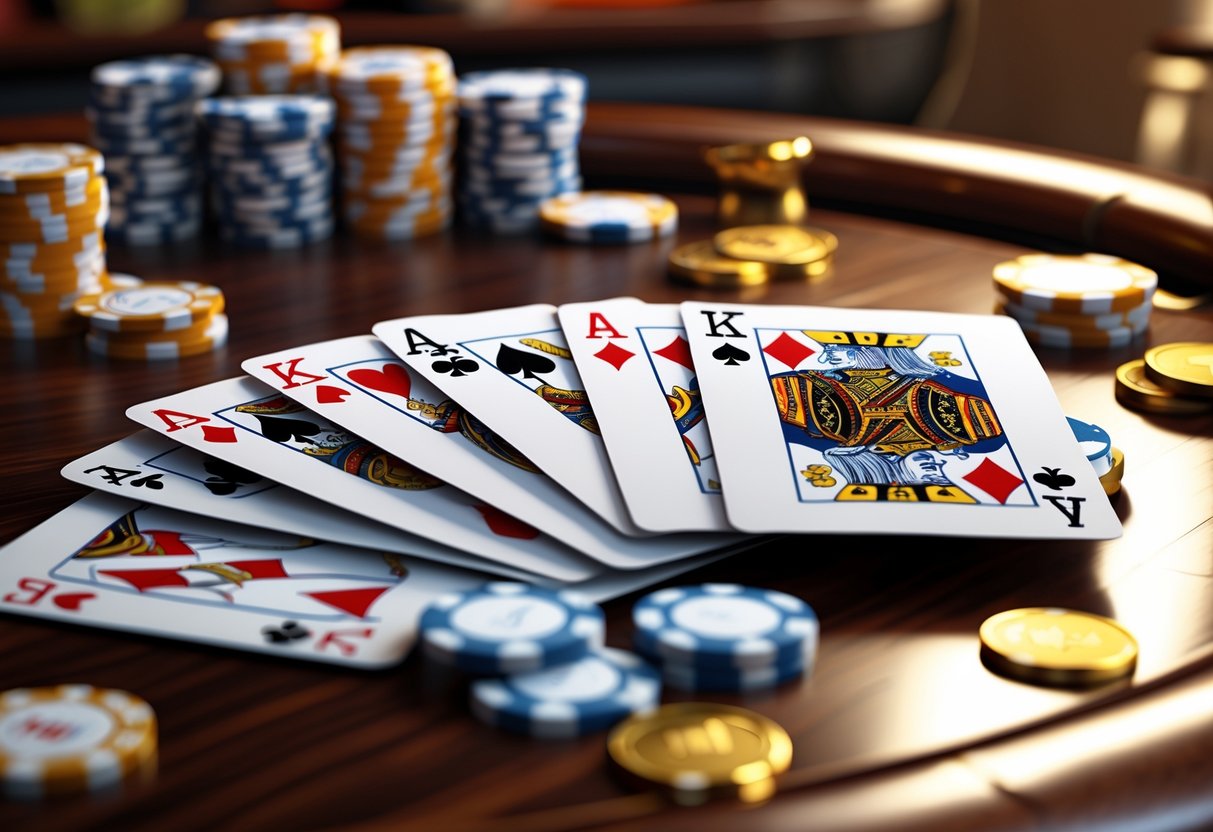Close-up of high-value poker cards and chips on a wooden table, highlighting the value of pocket picks in a poker game.