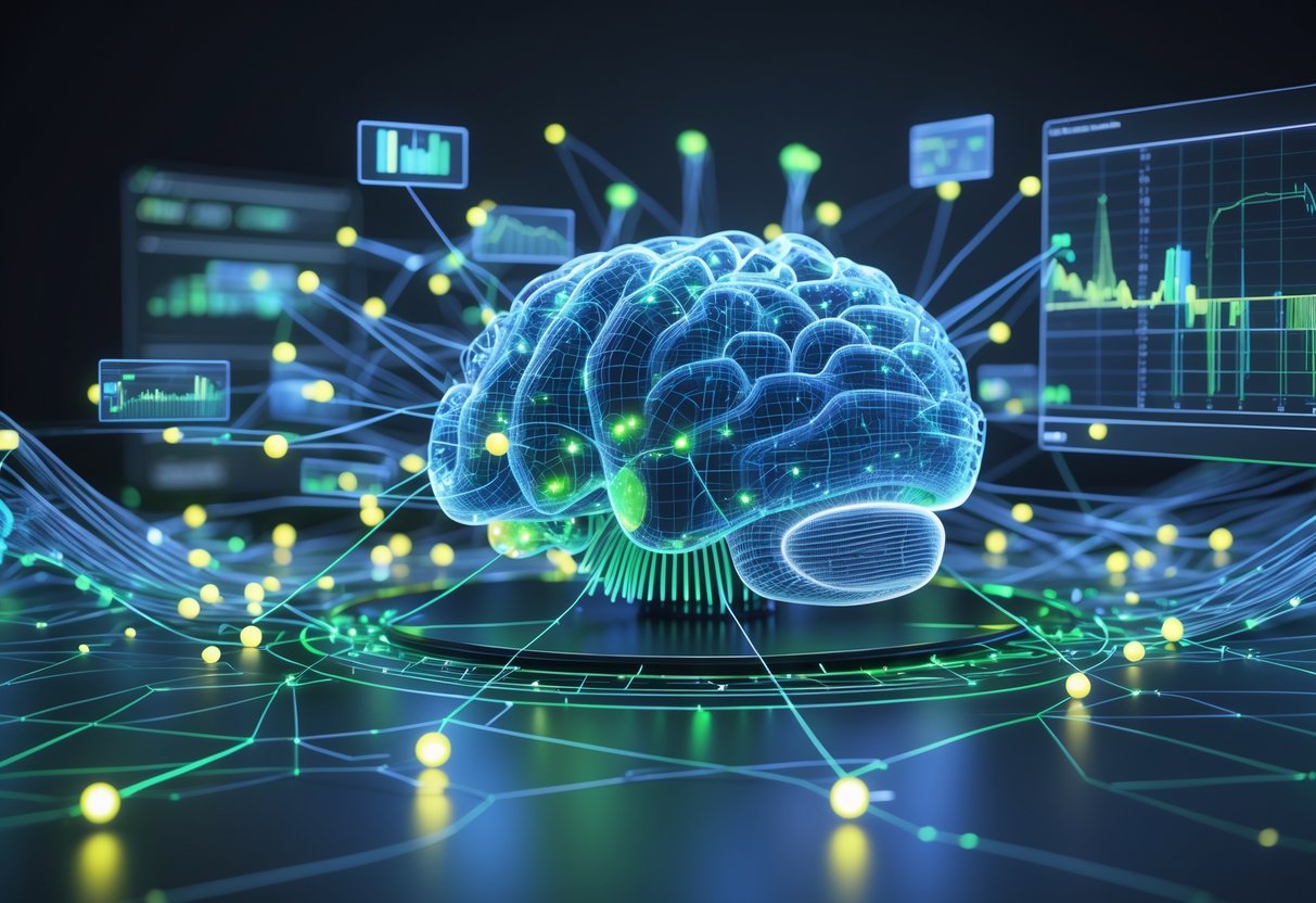 A 3D scene showing a glowing AI brain with interconnected nodes and arrows representing causal relationships, surrounded by holographic graphs indicating rapid adaptation.