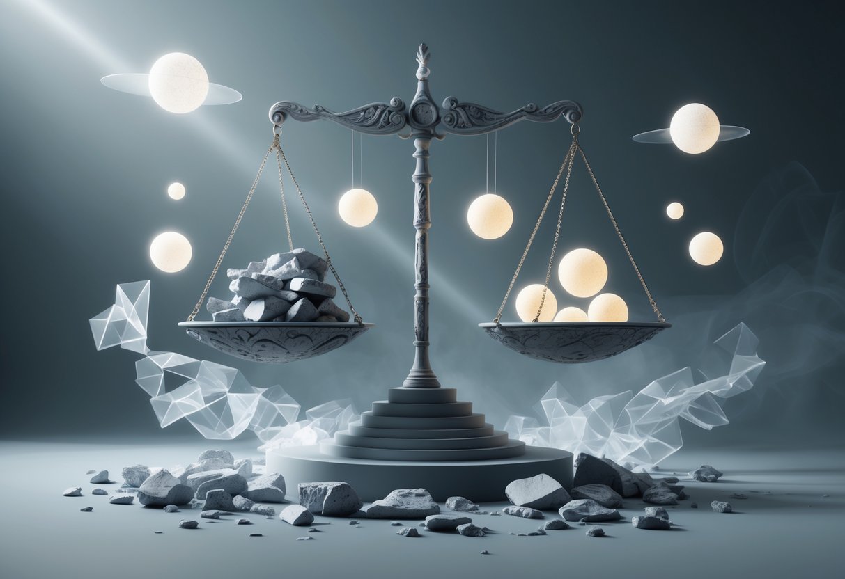A large scale with uneven pans, one side holding cracked stones and the other glowing orbs, floating in a misty space with geometric shapes around it.