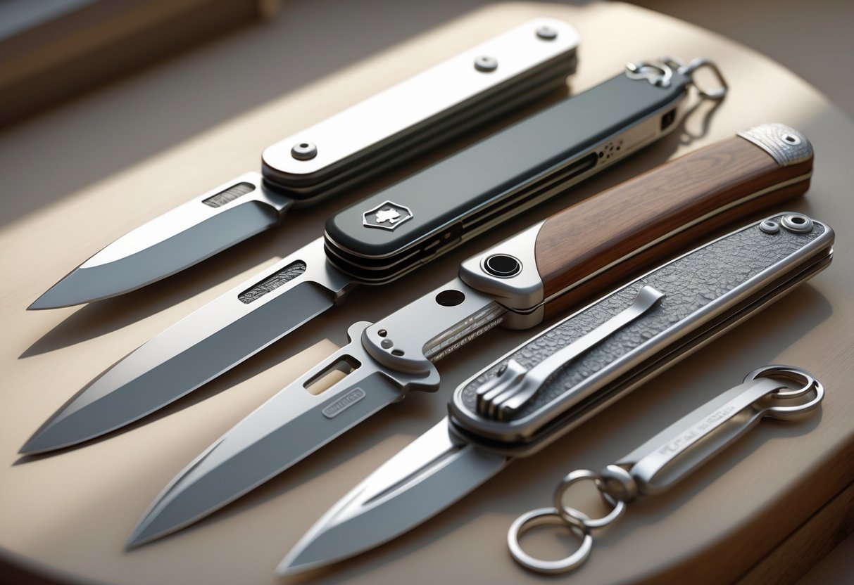A collection of different types of pocket knives arranged on a wooden surface.